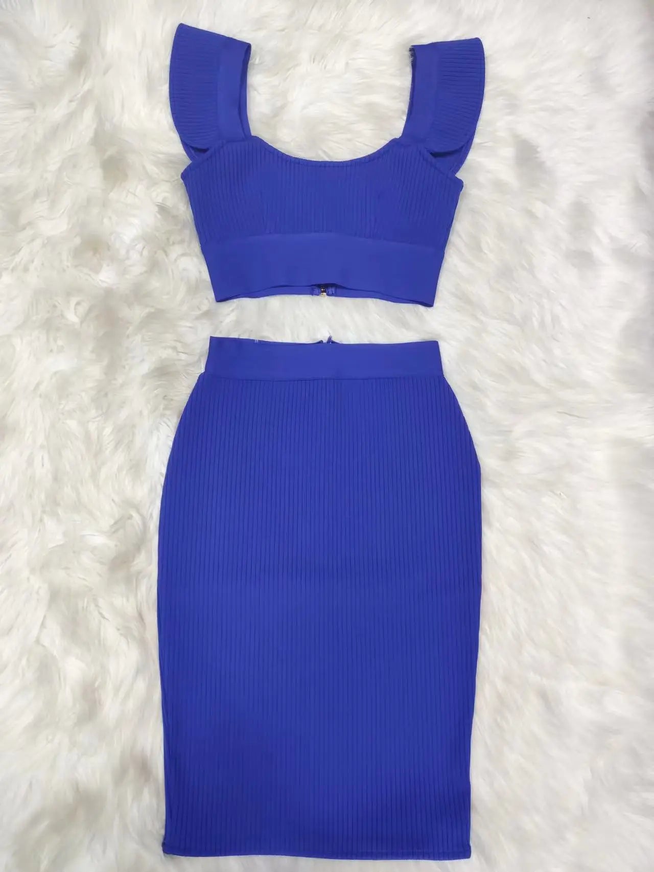 2024 New Style Sexy Fashion Pink Black Red Bodycon Rayon Two Pieces Bandage Dress Two Pieces & Skirt Set Blue