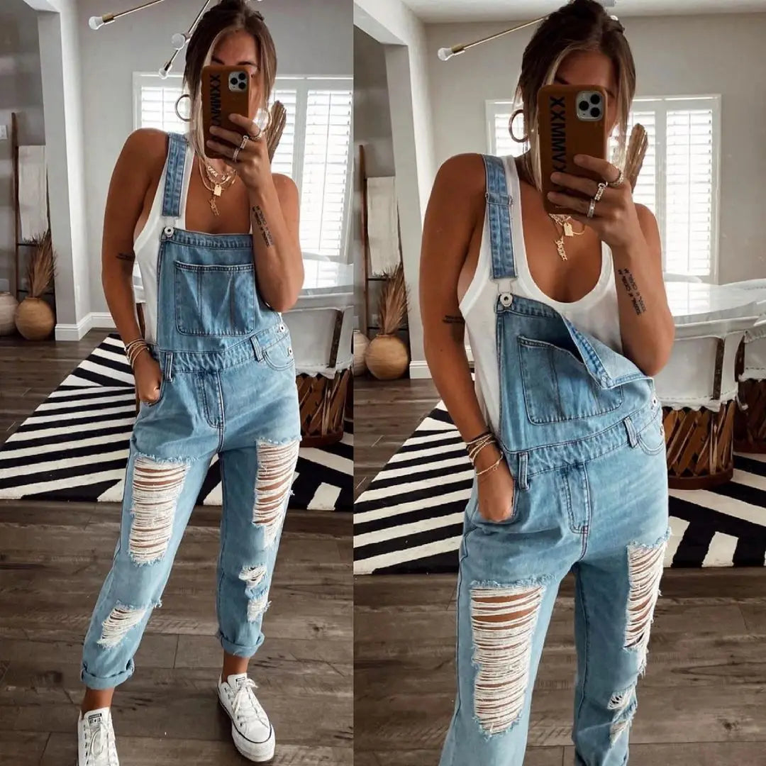 Casual Ripped Denim Jumpsuit Women's Fashion Slouchy Loose Pocket Slim Solid Color Blue Strap Jeans For Women Trousers Work Clot Blue