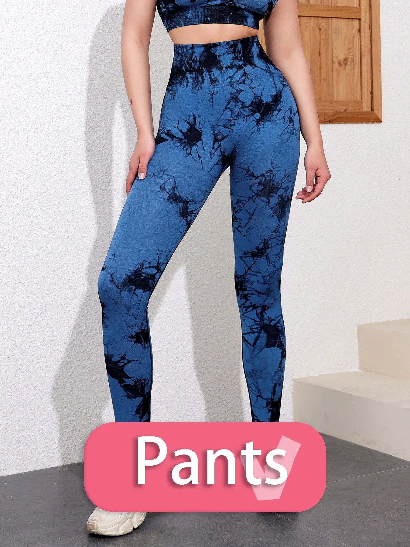 SALSPOR 1/2/3Pcs Tie Dye Seamless Butt Lifting Women Gym Set Stretch Running Outdoors Sport Yoga Outfit for Woman Skinny Shorts Dark Blue Pants