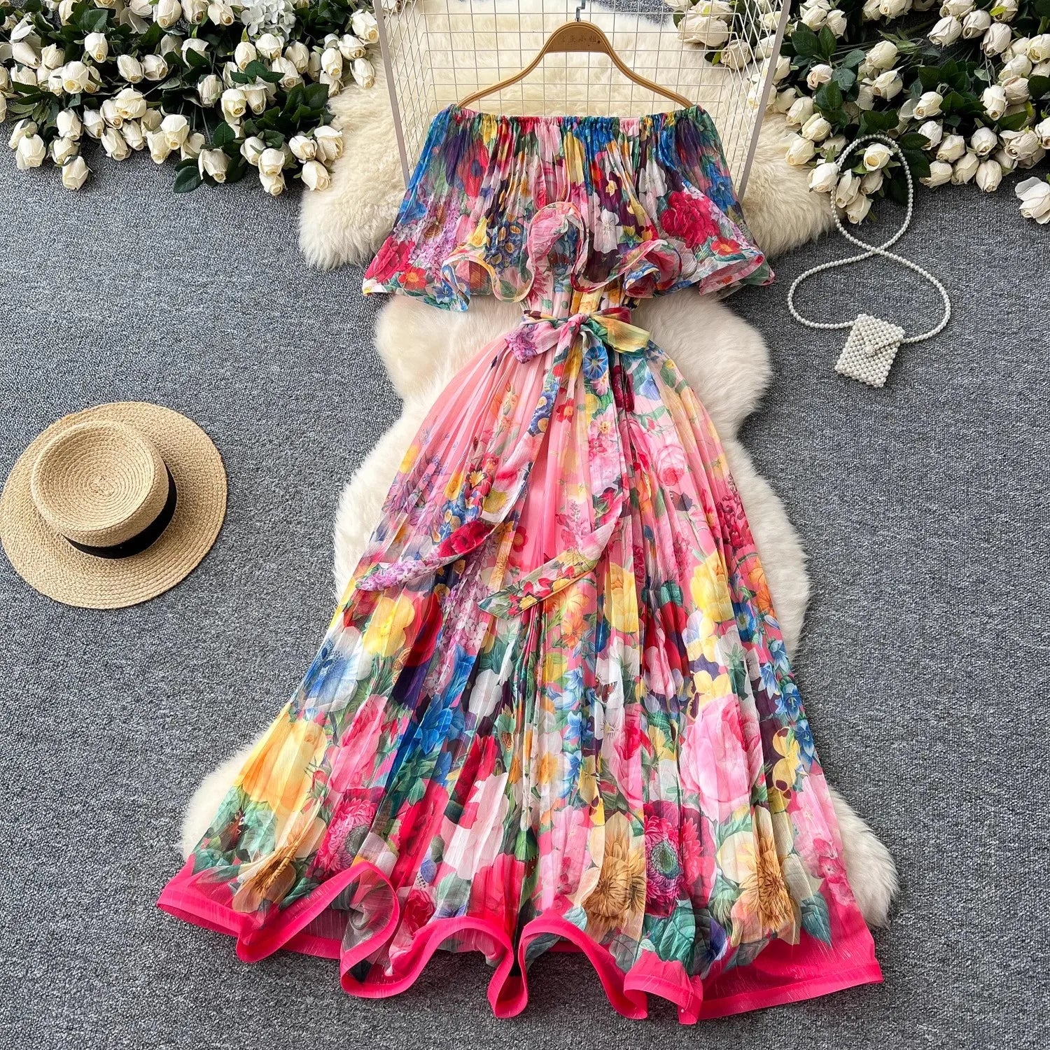 Summer Off Shoulder Gorgeous Flower Holiday Dress Women's Slash Neck Ruffles Batwing Sleeve Print Casual A-Line Beach Vestidos pink
