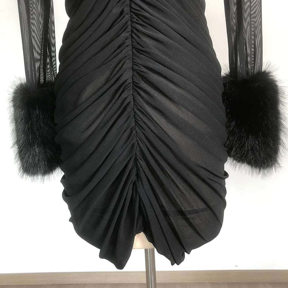 2025 Sexy Women's Patchwork Mesh Dress with High Collar and Hairy Sleeve Design Bodycon Draped Mini Dress Evening Party Vestidos