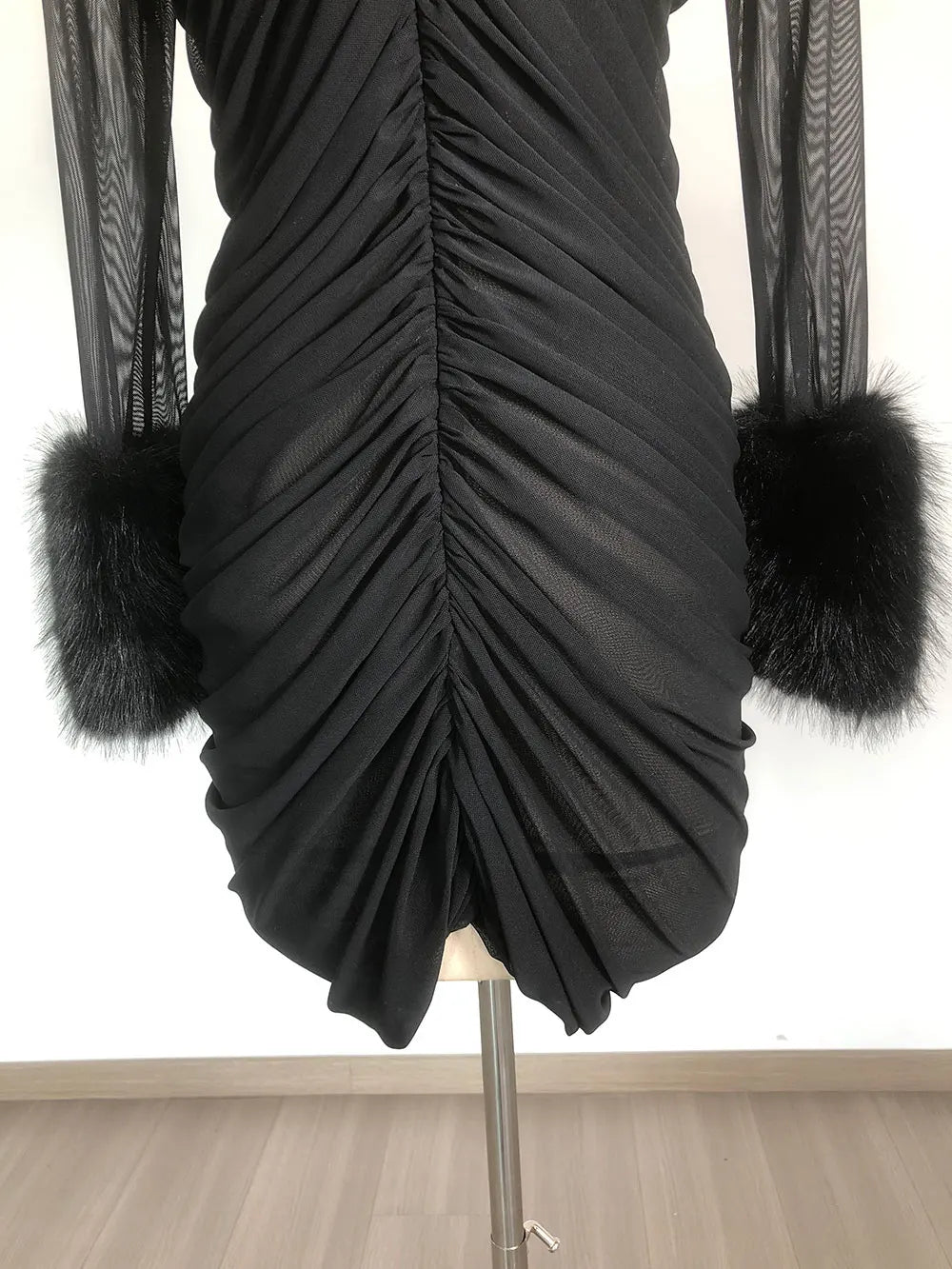 2025 Sexy Women's Patchwork Mesh Dress with High Collar and Hairy Sleeve Design Bodycon Draped Mini Dress Evening Party Vestidos