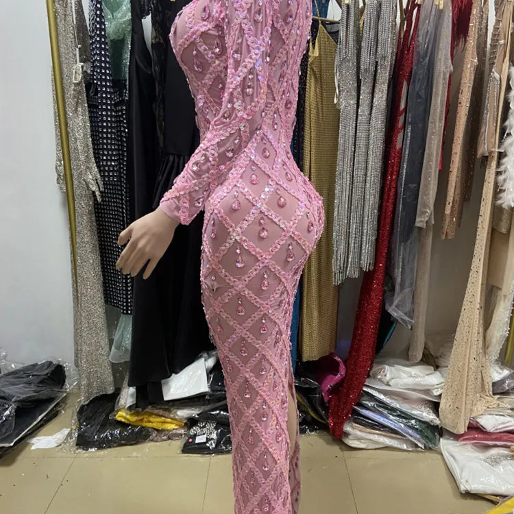 Pink Color Women Long Sleeve Sexy Mesh Big Crystal Bodycon Long Dress Celebrate Birthday Bar Singer Performance Costume Wear