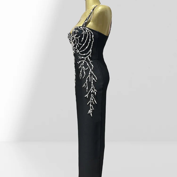 2025 Luxury Diamonds Spaghetti Strap Black Bandage Ankle Length Dress Woman evening Party Dress Celebrity Birthday Party Outfit