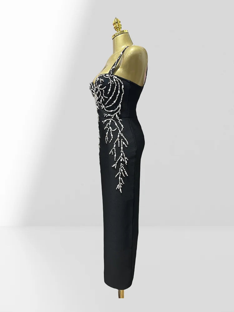 2025 Luxury Diamonds Spaghetti Strap Black Bandage Ankle Length Dress Woman evening Party Dress Celebrity Birthday Party Outfit