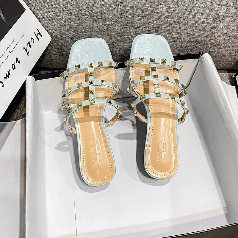 2023 Summer low heel women rivets sandals thin ribbon fashion Korean design girls shoes large size wear slippers free delivery SKY BLUE