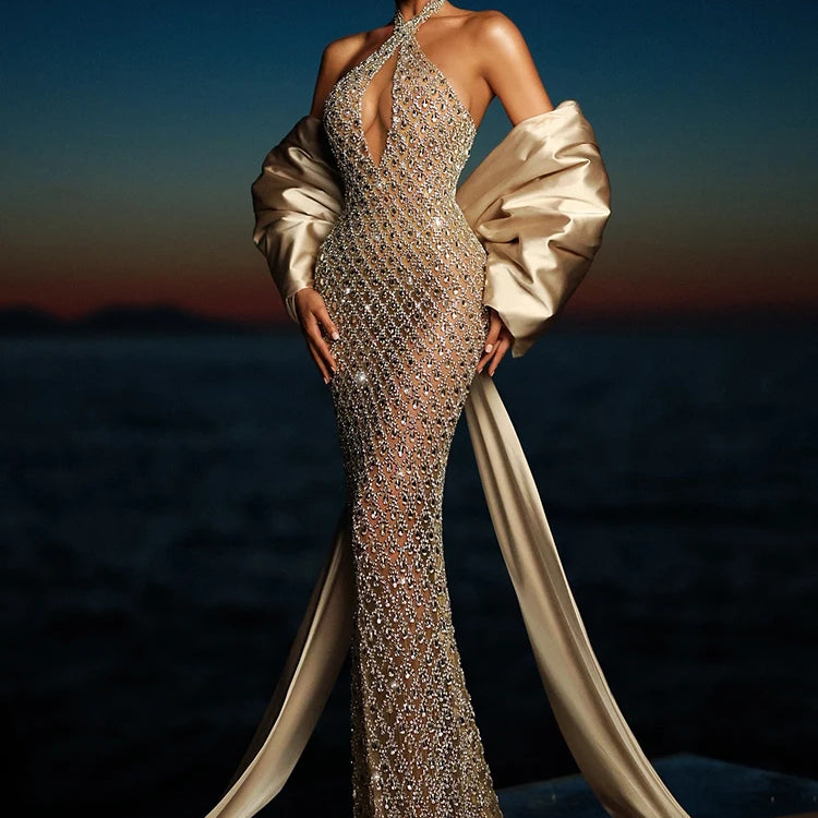 Beige Halter Mermaid Long Dress Key Hole Backless Sequins Sleeveless Celebrity Maxi Evening Party Gowns Vestidos