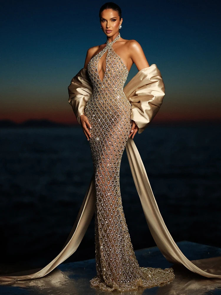 Beige Halter Mermaid Long Dress Key Hole Backless Sequins Sleeveless Celebrity Maxi Evening Party Gowns Vestidos