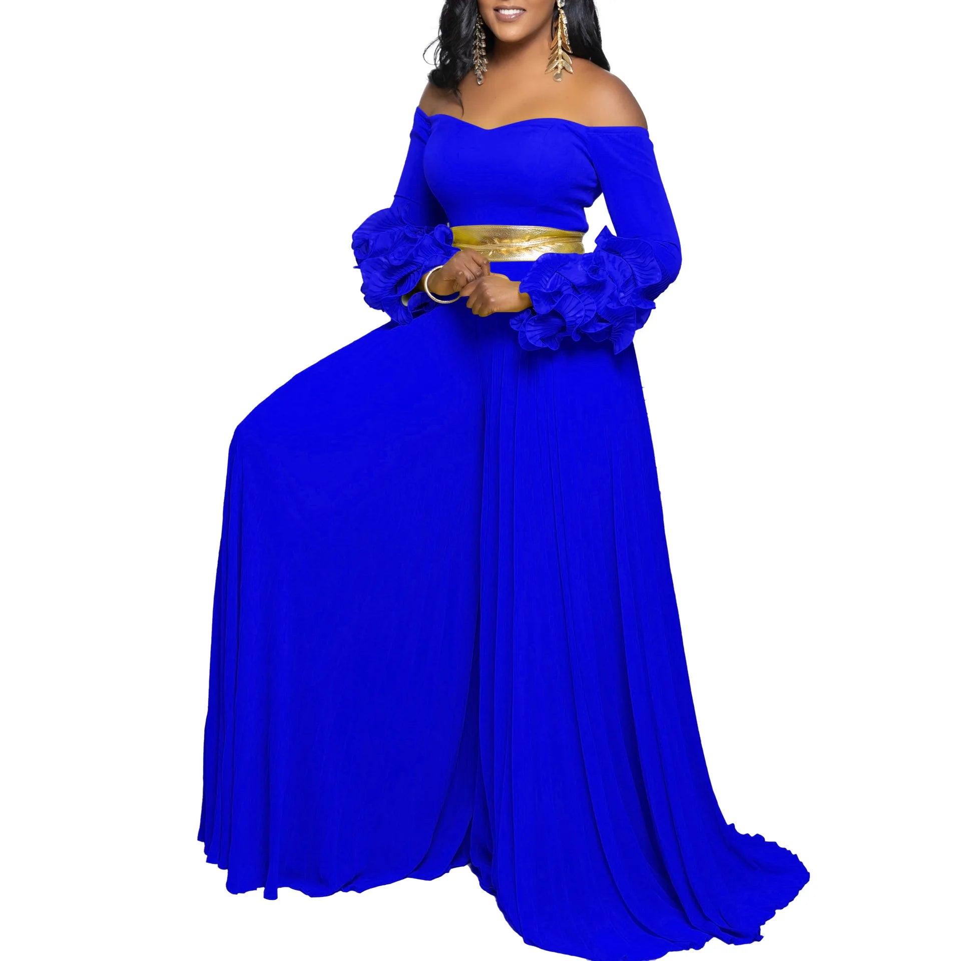 Women Long Ruffles Sleeve Pleated Slash Neck Wide Leg Long Jumpsuits Party Beach belt Street Sexy Africa Outfit Rompers Blue Belt