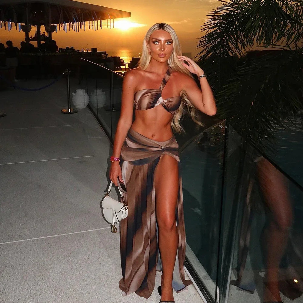 Fashion Off Shoulder Contrasting Pleated Bikini Set Women Casual Holiday Sexy High Slit Swimwear Skirt Suits Beachwear Cover Up YA8528P1