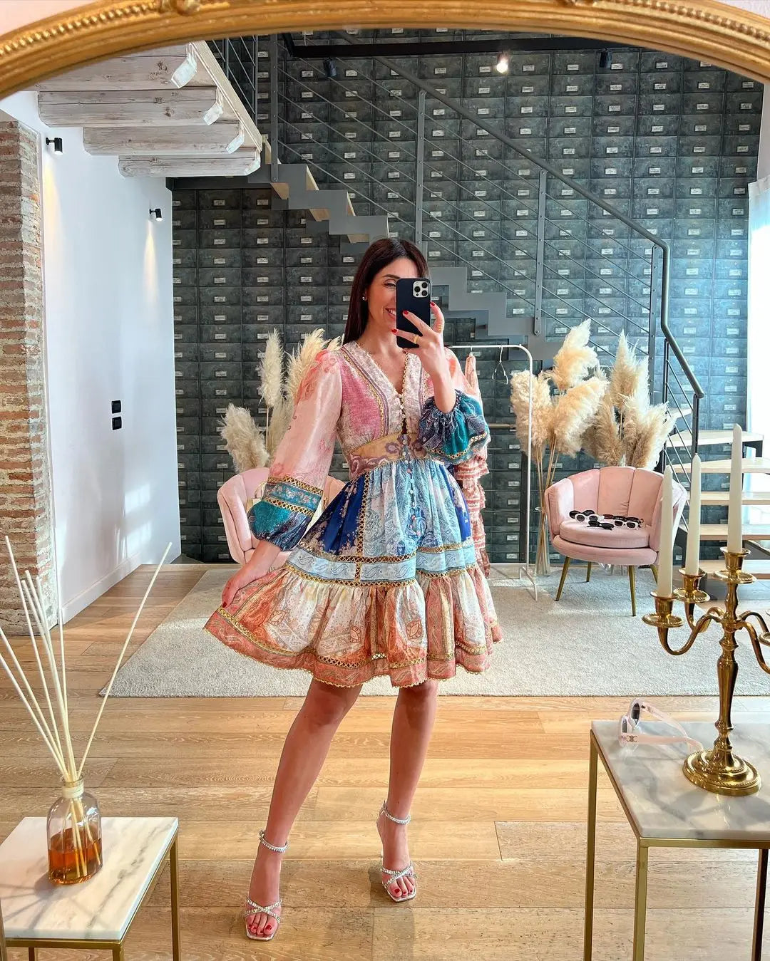 Vintage Women's Patchwork Printed Hollow Out Maxi Dress Fashion V Neck Long Sleeved Loose Dresses New Spring Female Street Robes black