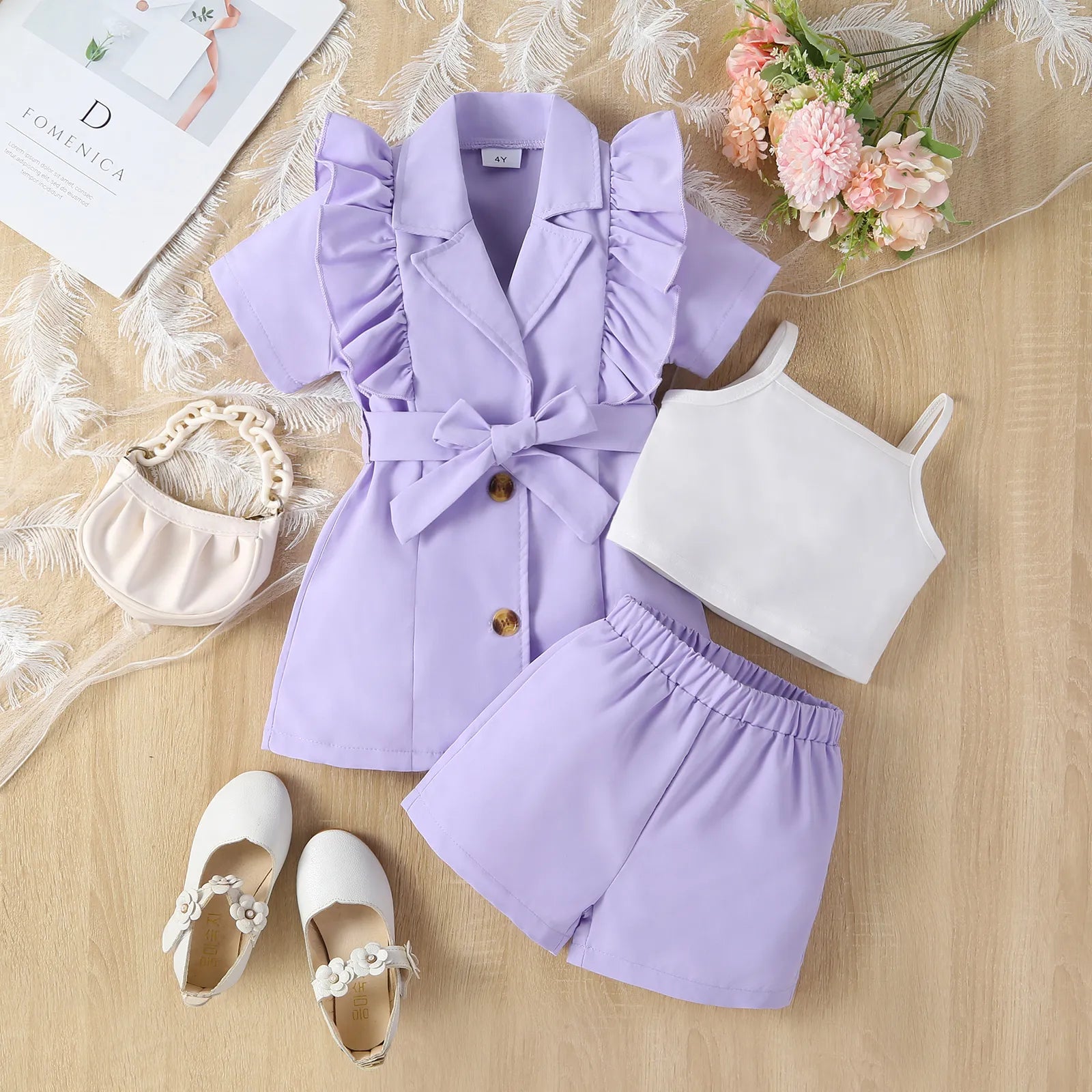 Summer Girl Suit Strap Solid Color+Short Sleeved Lapel Suit Jacket+Shorts 3Pcs Girls Outfits Korean Kids Children Clothing Sets Purple
