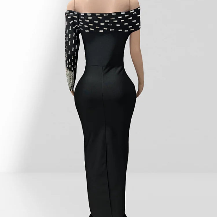 Spacial Design Luxury Diamonds Sexy Off The Shoulder Black Ankle Length Bandage Dress Woman Party Vestido Birthday Party Outfit