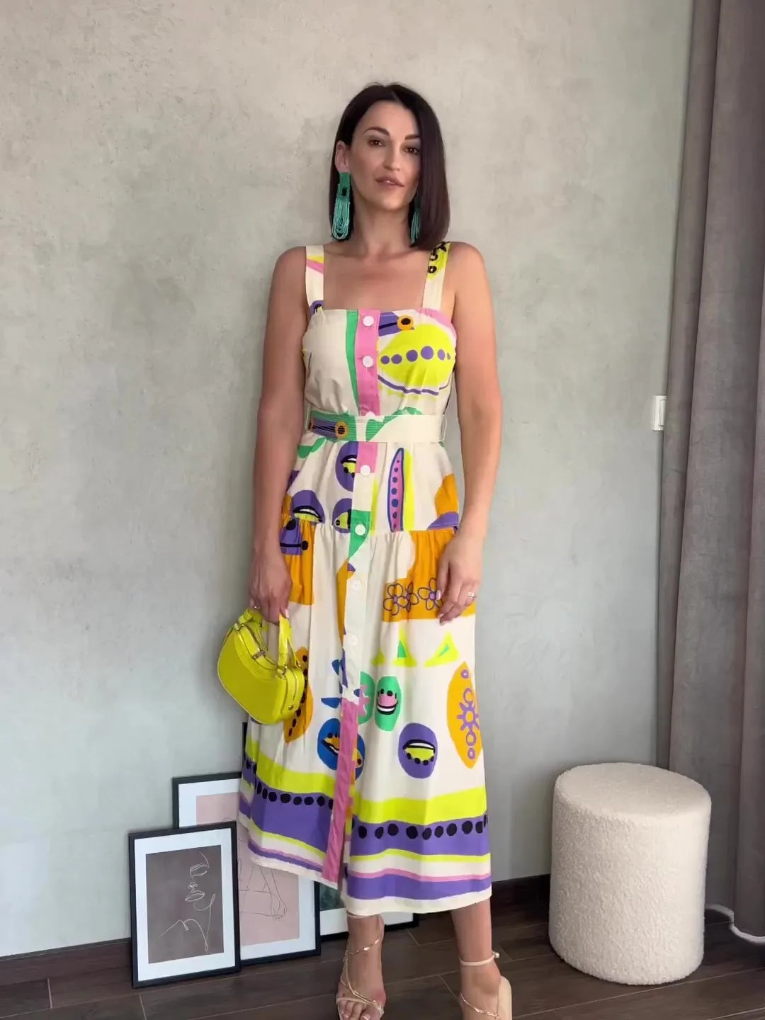 Print Square Neck Sling Midi Dress Women Single Breasted Belt Decoration A-line Dresses Summer Female Chic Beach Party vestido