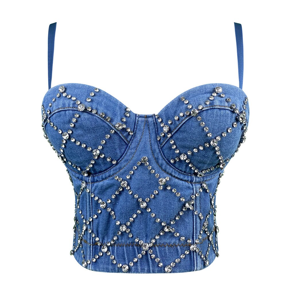 Sexy Bra Women Fashion Spike Stud Rivet Bra Gold Silver Lingerie Punk Party Wear Clubwear push up Bra for women 1095-Blue