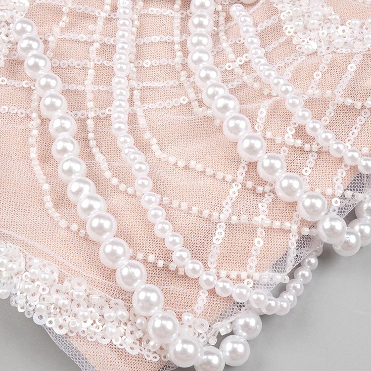 Beige Spilced Folds Short Dress Off The Shoulder Pearl Sequins Beading Chains Mini Cocktail Evening Party Vestido