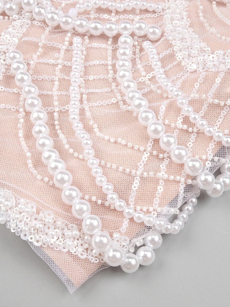 Beige Spilced Folds Short Dress Off The Shoulder Pearl Sequins Beading Chains Mini Cocktail Evening Party Vestido