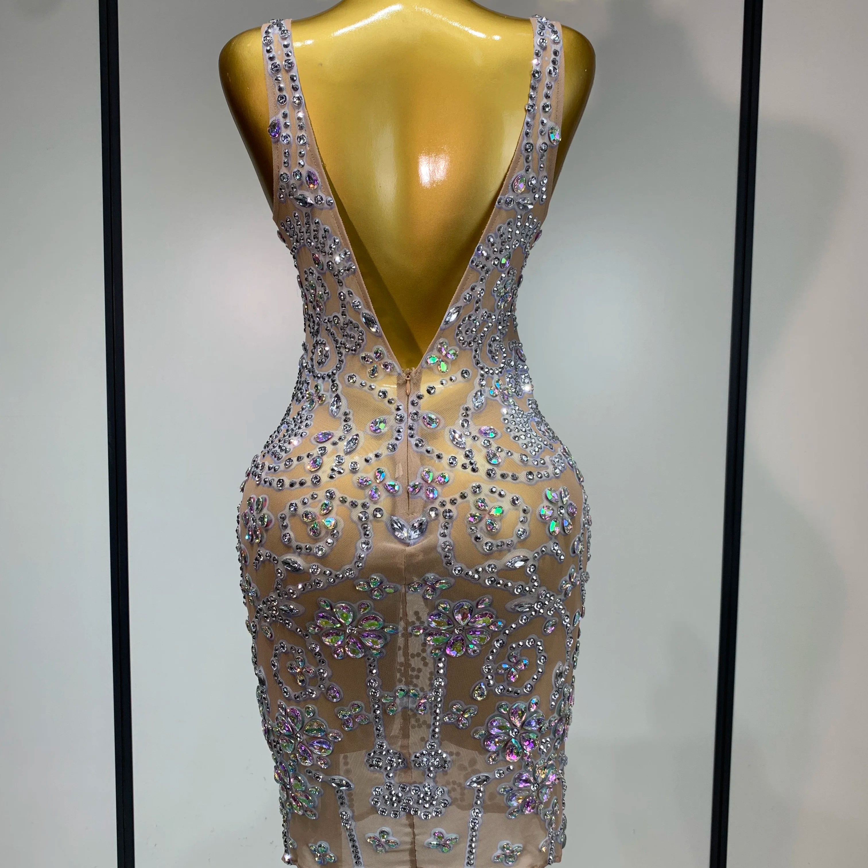 Celebrity Elegant Party Sparkly Rhinestones Transparent Mesh Short Dress Luxury Birthday Nightclub Outfit Perform Stage Costume