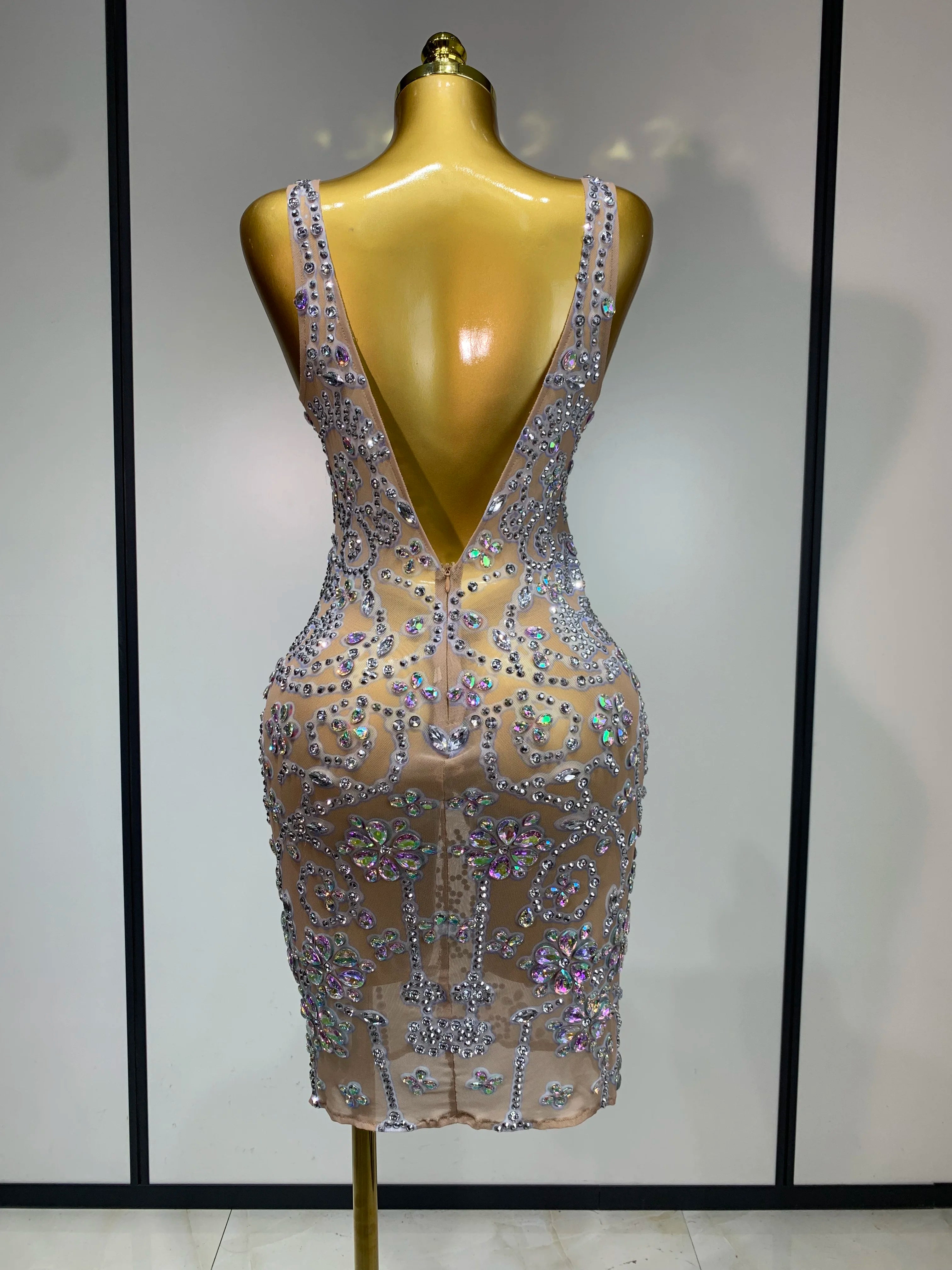 Celebrity Elegant Party Sparkly Rhinestones Transparent Mesh Short Dress Luxury Birthday Nightclub Outfit Perform Stage Costume