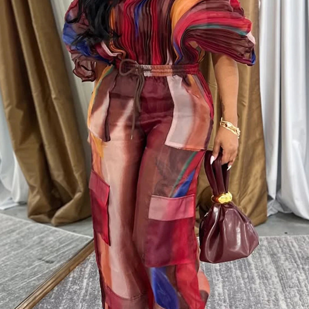 Plus Size Daily Hot Pink Gradient Round Neck Batwing Sleeve Half Sleeve Cargo Pleated Two Piece Pant Sets