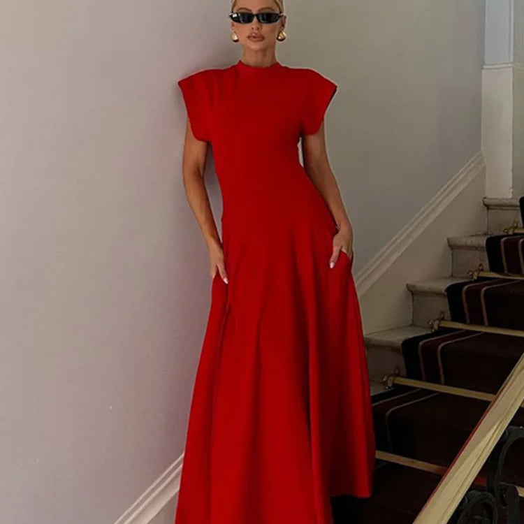 Chic Shoulder Pad Round Neck Solid Maxi Dress Women Elegant Sleeveless A-line Long Dresses 2024 Lady Fashion High Street Robes