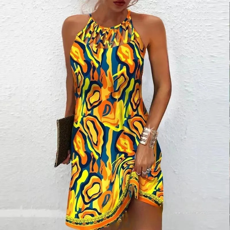 Y2k Women's Straight Dress Korean Summer Bohemian Vestidos Multicolor Abstract Print Hollow Mini Sleeveless Dress Female Платье Yellow