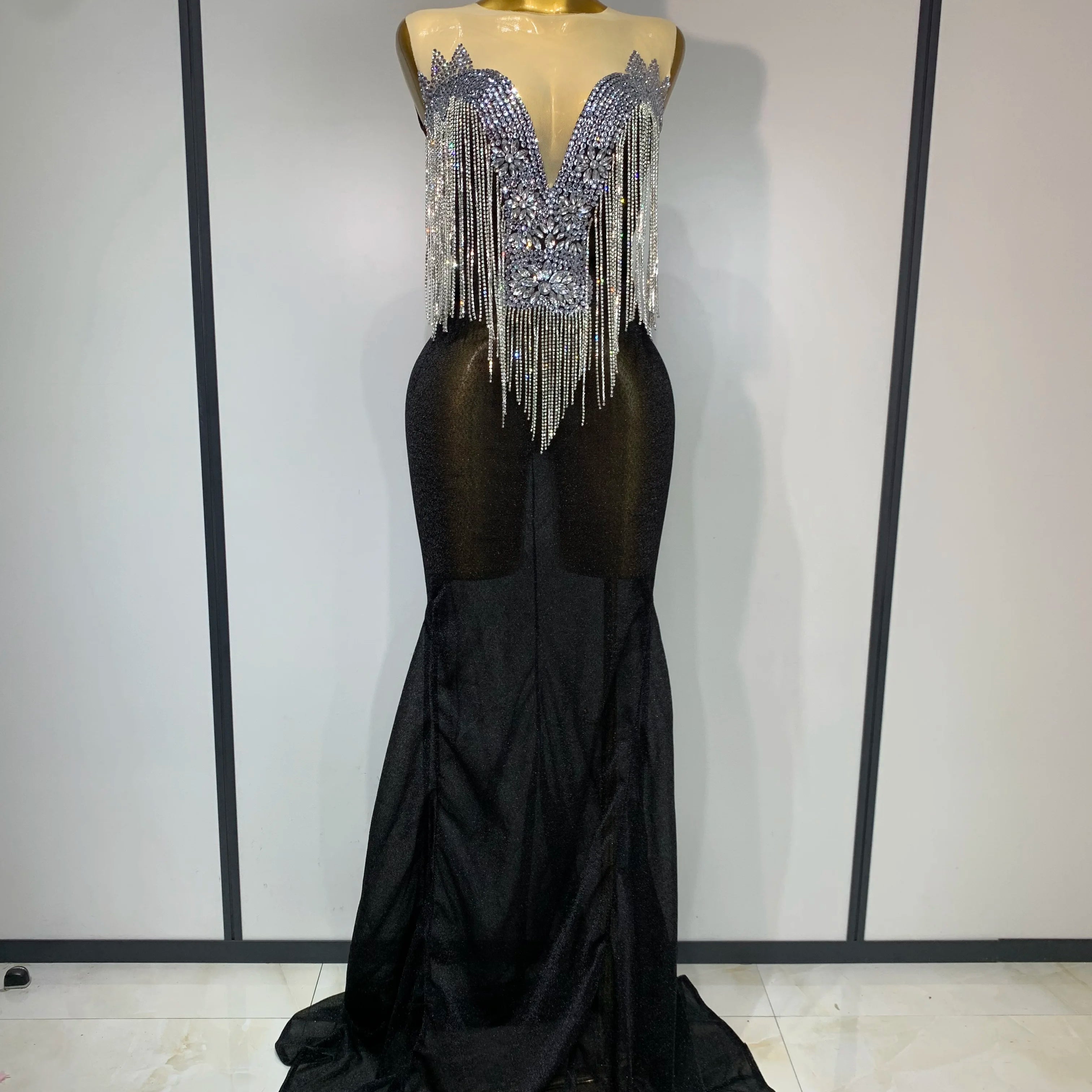 Women Sexy Sparkly Rhinestones chain Celebrity Elegant Maxi Long Dress Luxury Birthday Prom Gowns Stage Show Performance Costume black