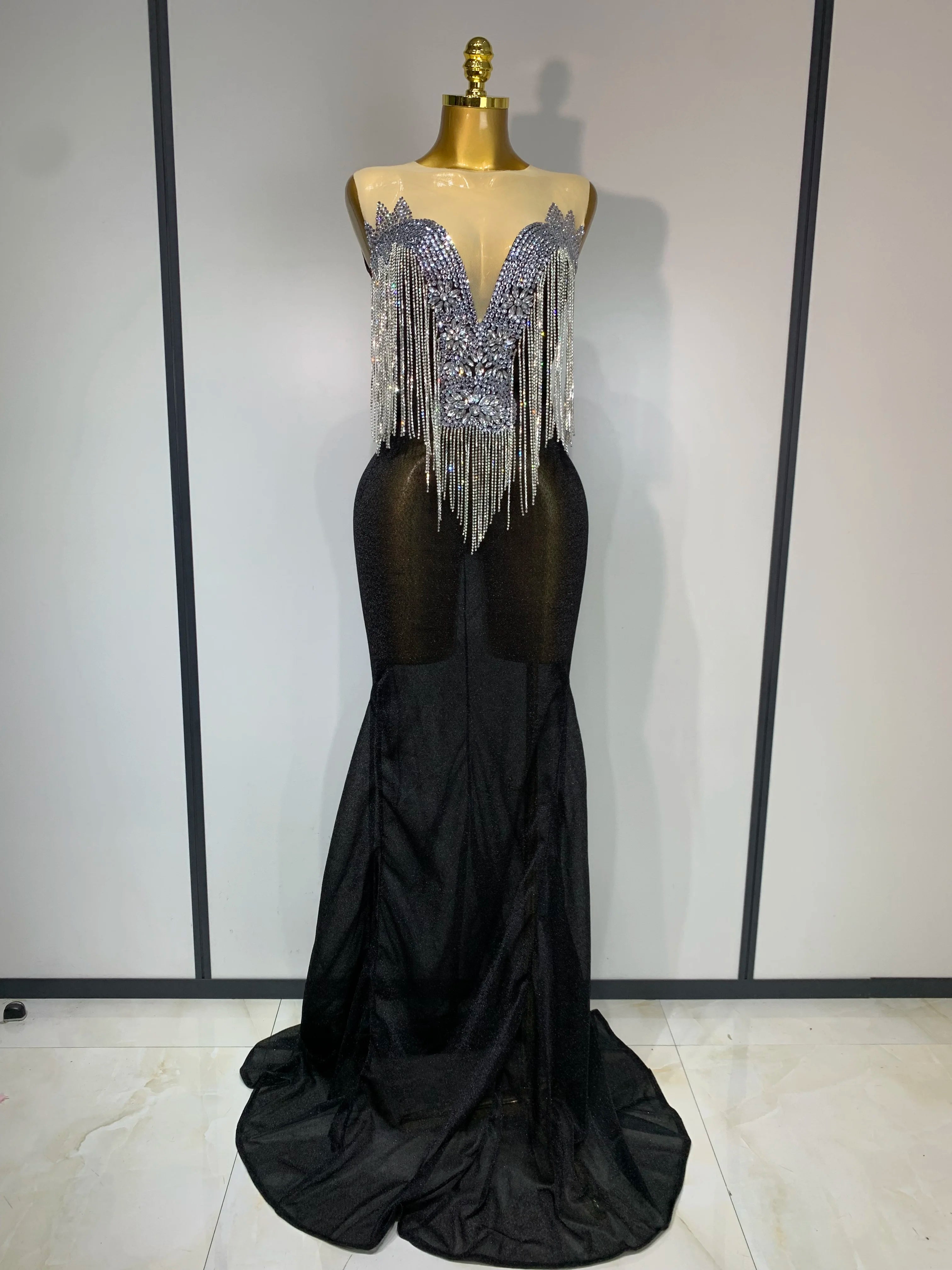 Women Sexy Sparkly Rhinestones chain Celebrity Elegant Maxi Long Dress Luxury Birthday Prom Gowns Stage Show Performance Costume black
