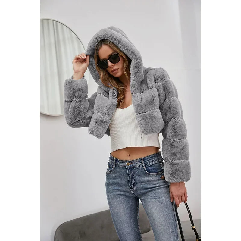 Winter Hooded Fluffy Jacket Women Faux Fur Coat Cropped Jacket Puffer Jacket Zip Up Winter Warm Fuzzy Teddy Coats Tops Outwear