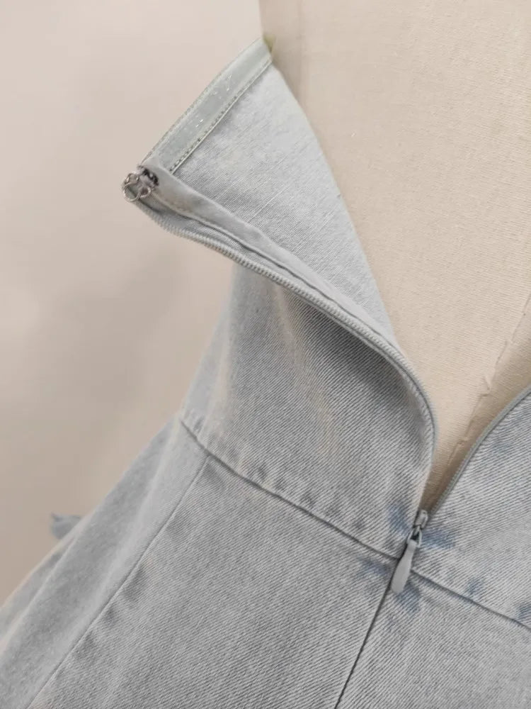 3D Appliques Flower Strapless Demin Jumpsuits For Women Off Shoulder Sleevelss Solid Color High Waist Full Length Overalls New