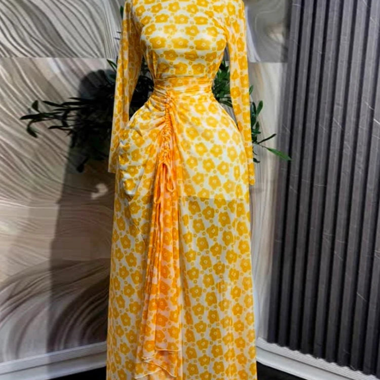 CM.YAYA Summer Floral Printed Women Long Sleeve Elegant Drawstring Ruched Up Maxi Long Dress Night Club Party Dresses Vestidos