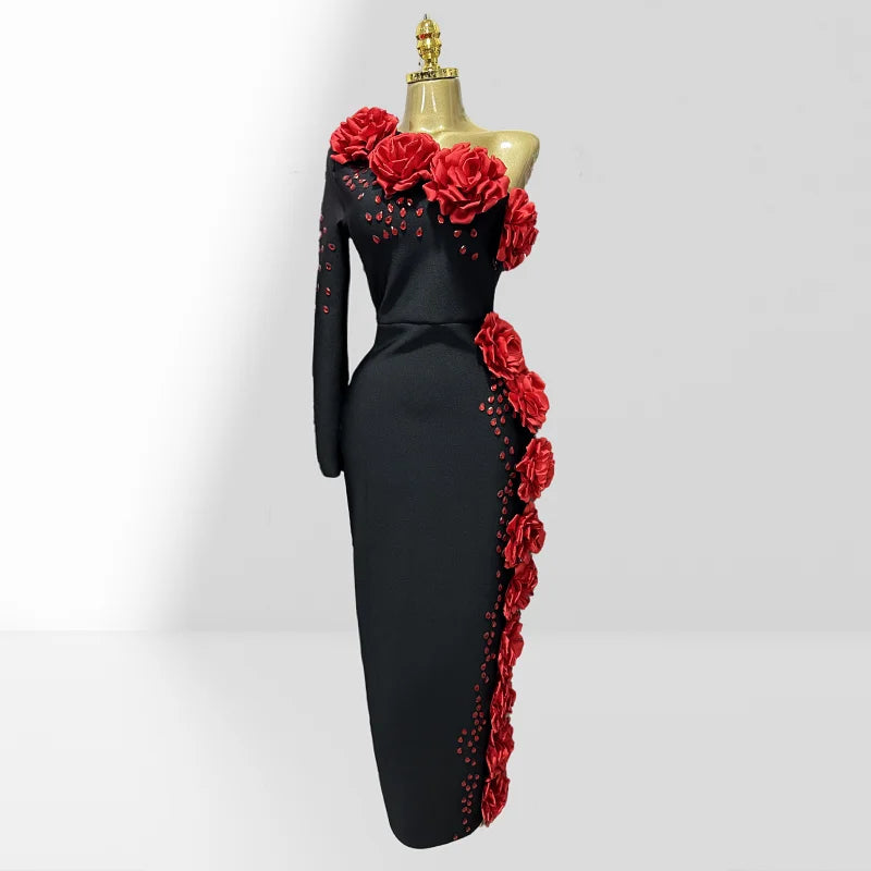 2025 New Red Flowers Shining Diamonds Sexy Oblique Shoulder Black Bandage Dress Woman Birthday Party Dress Wedding Party Outfit