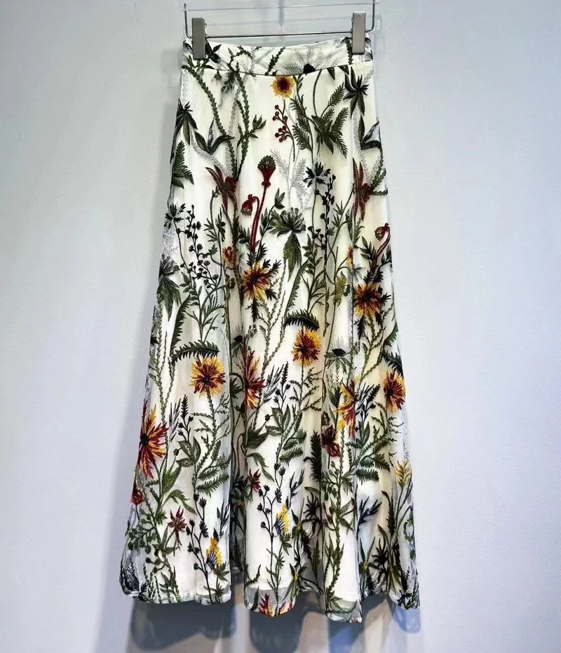 Top New Long Skirts Spring Fashion Designer Women Elastic Waist Allover Luxurious Embroidery Sexy Tulle Mesh Skirts