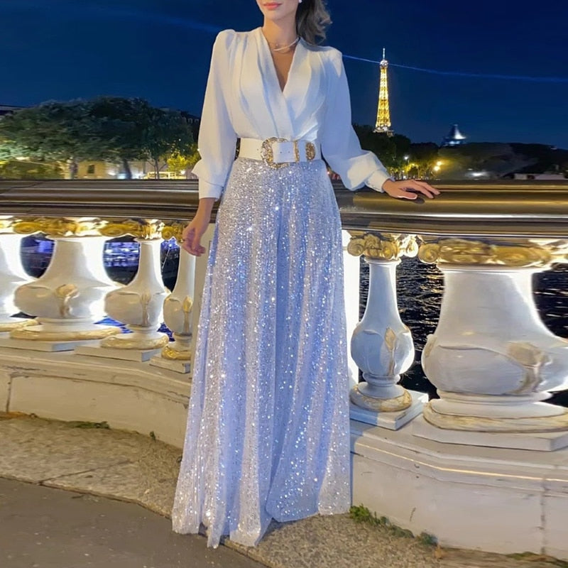 Women Long-Sleeved Shirt Sequin Wide-Leg Pant Jumpsuits 2024 Spring Summer Solid Color Loose Playsuit Casual V Neck Party Romper