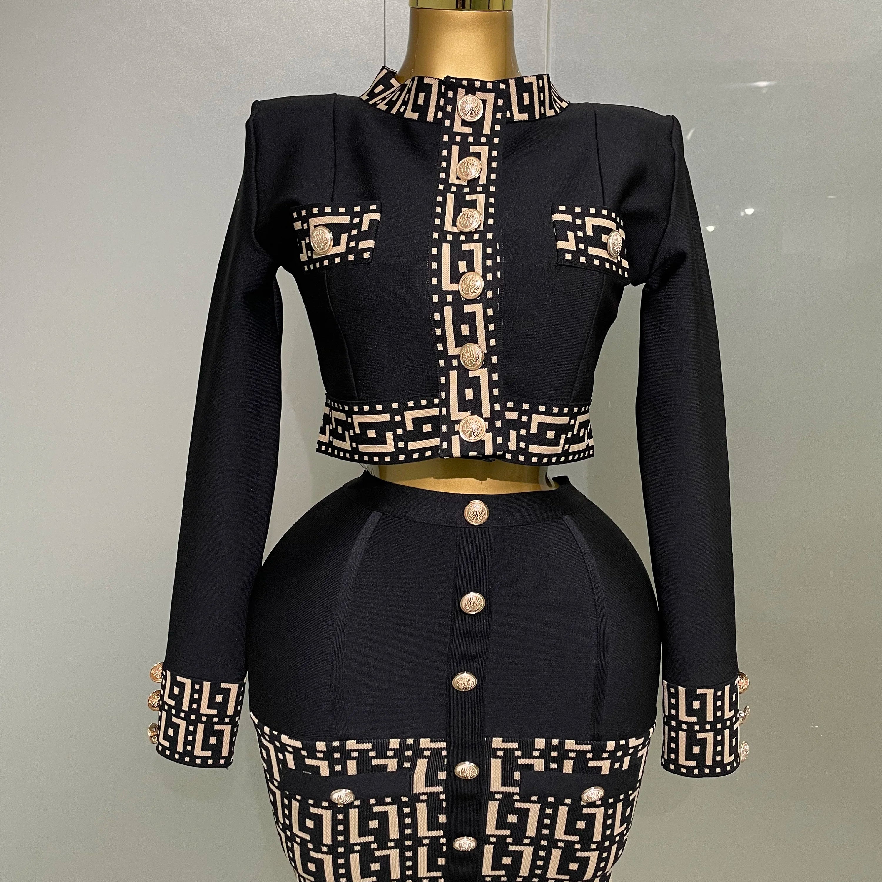 2025New Trendy Black Long Sleeves Two Pieces Bandage Set Button Top Short Skirt Suit Evening Party Women's Outfit Nightclub Wear black
