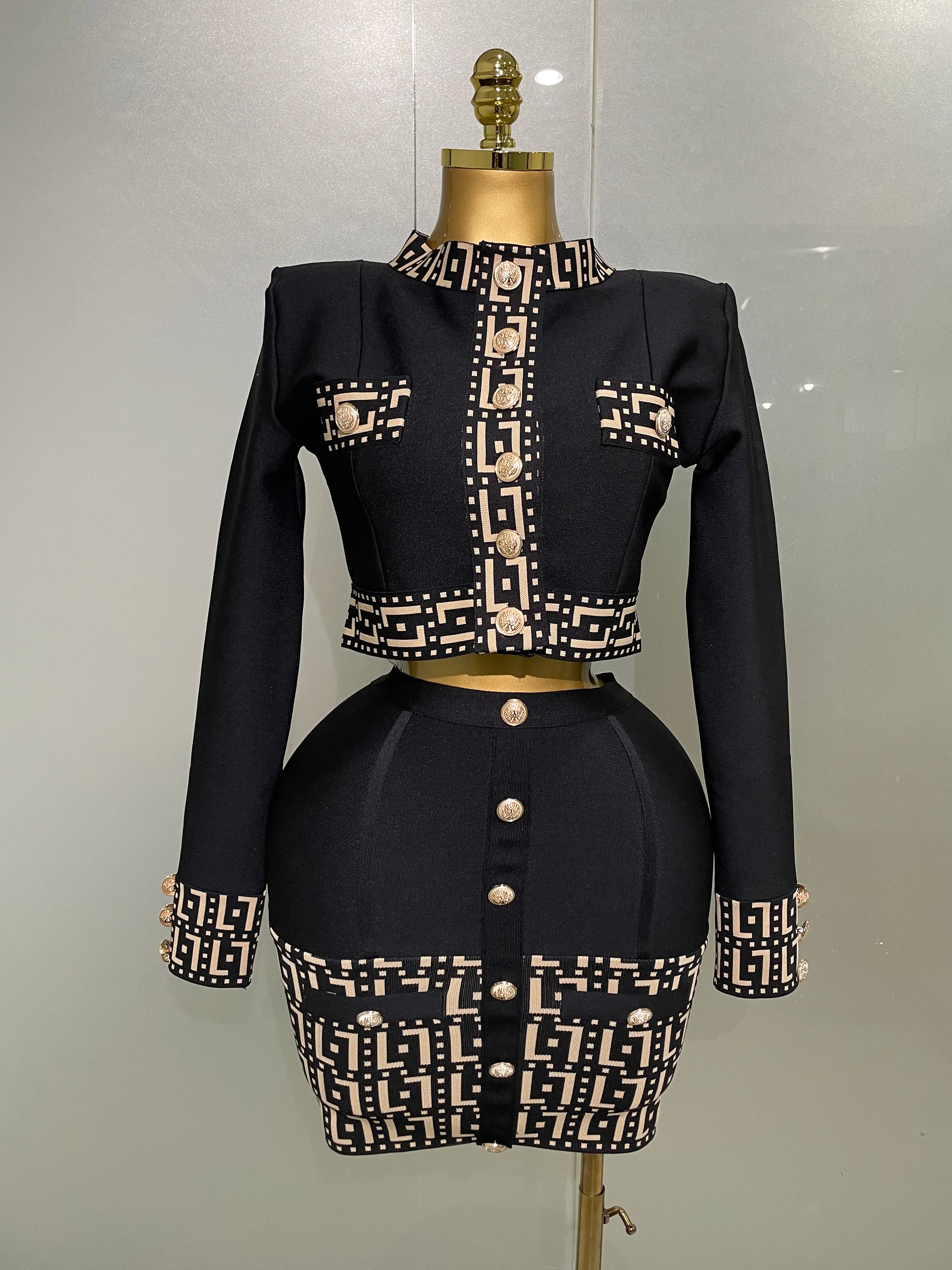 2025New Trendy Black Long Sleeves Two Pieces Bandage Set Button Top Short Skirt Suit Evening Party Women's Outfit Nightclub Wear black