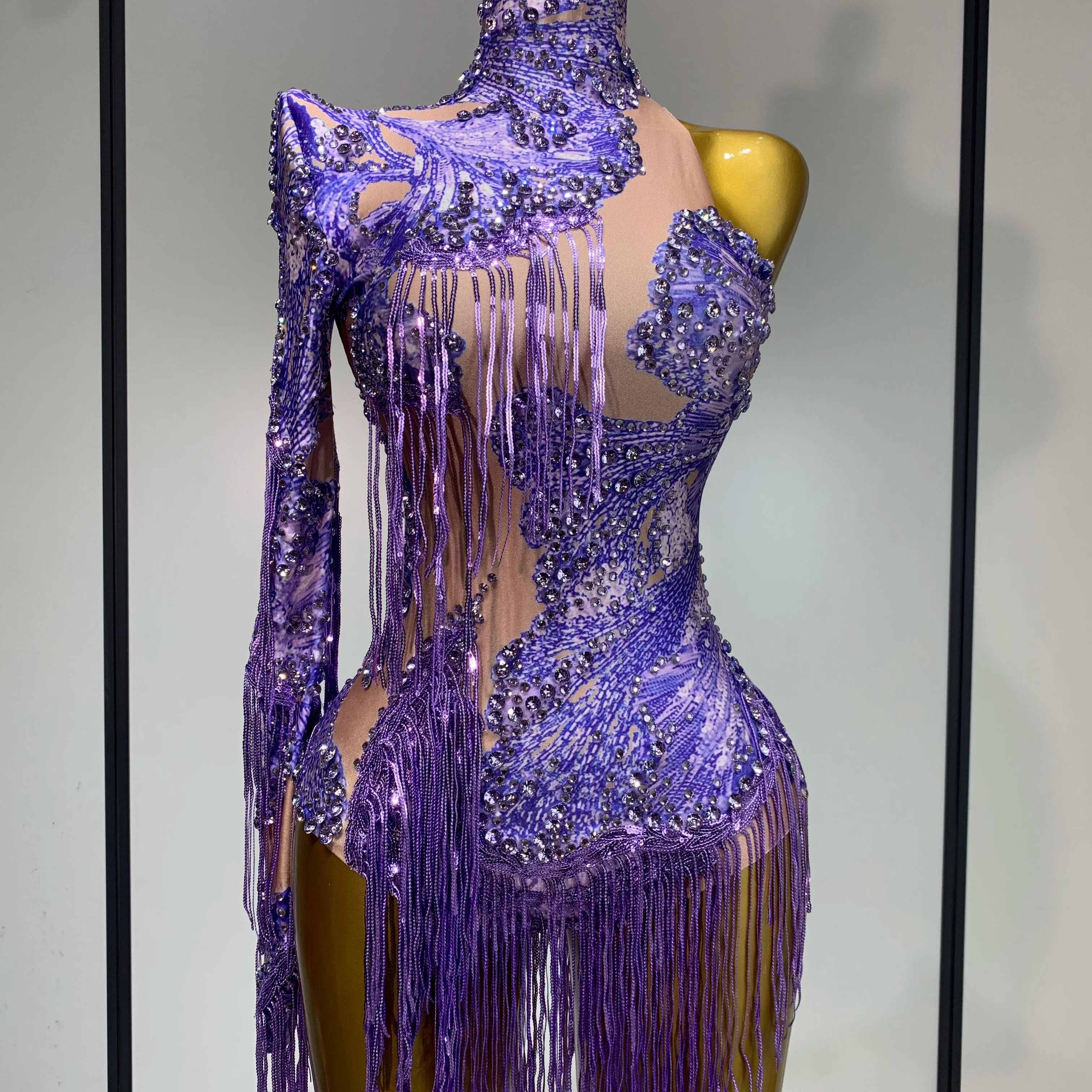 Sexy Sparkly Purple Rhinestones Tassel One Shoulder Sleeve Mini Dress Evening Party Birthday Nightclub Stage Performance Outfit bodysuit