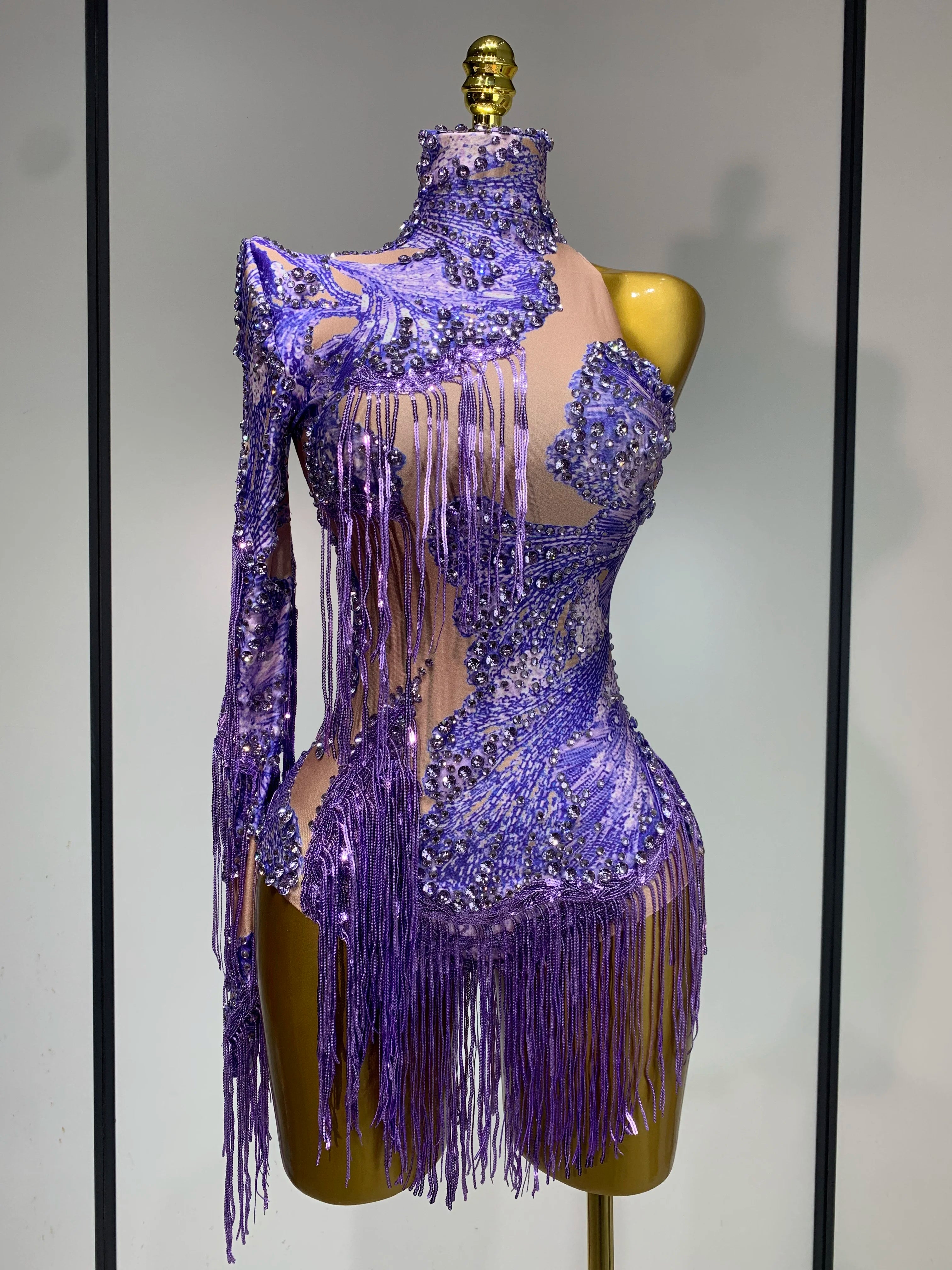 Sexy Sparkly Purple Rhinestones Tassel One Shoulder Sleeve Mini Dress Evening Party Birthday Nightclub Stage Performance Outfit bodysuit