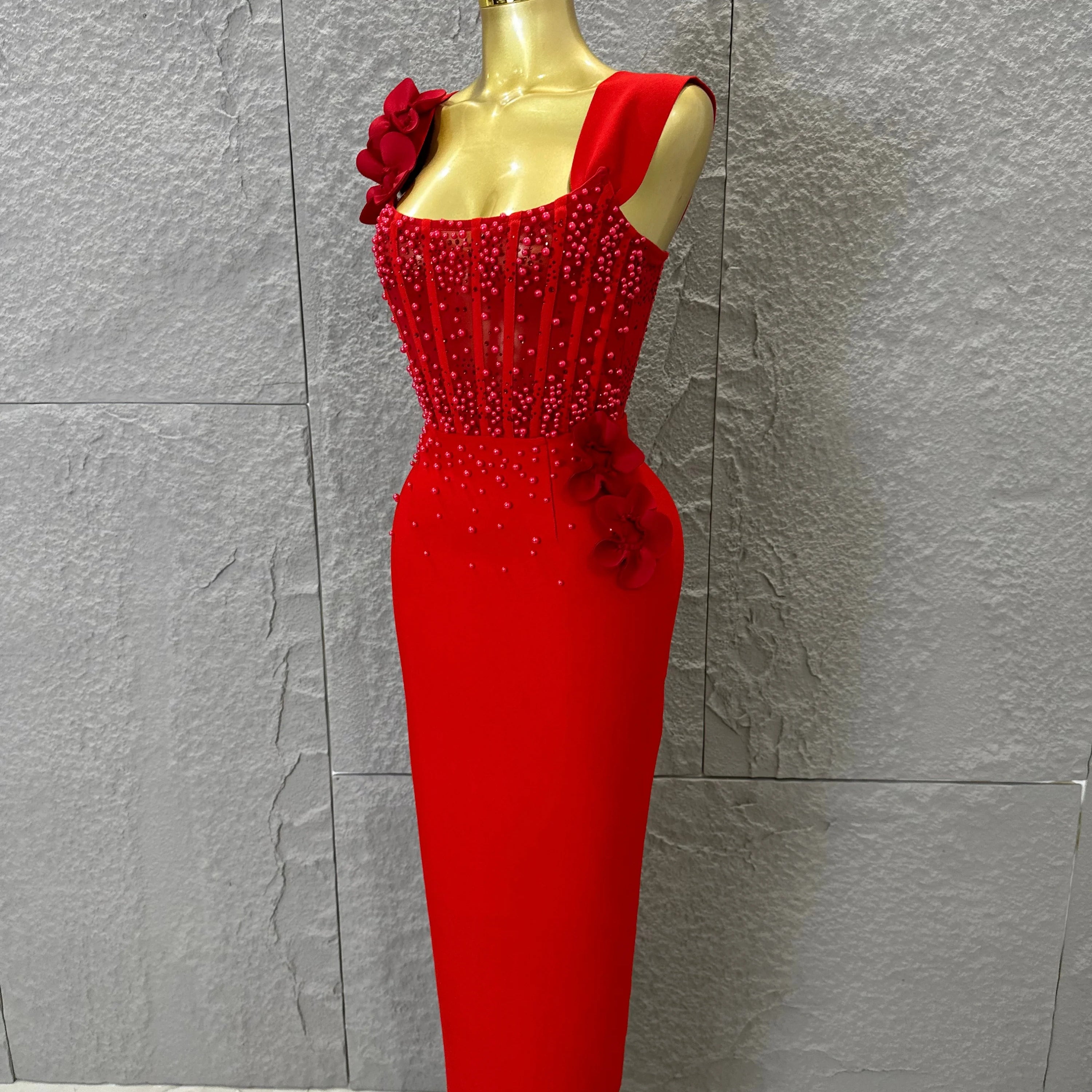 Women Sexy Sheer Mesh Corset Beaded 3D Floral Applique Form-Fitting Outfit Formal Event Party Costum Red Square Neck Maxi Dress