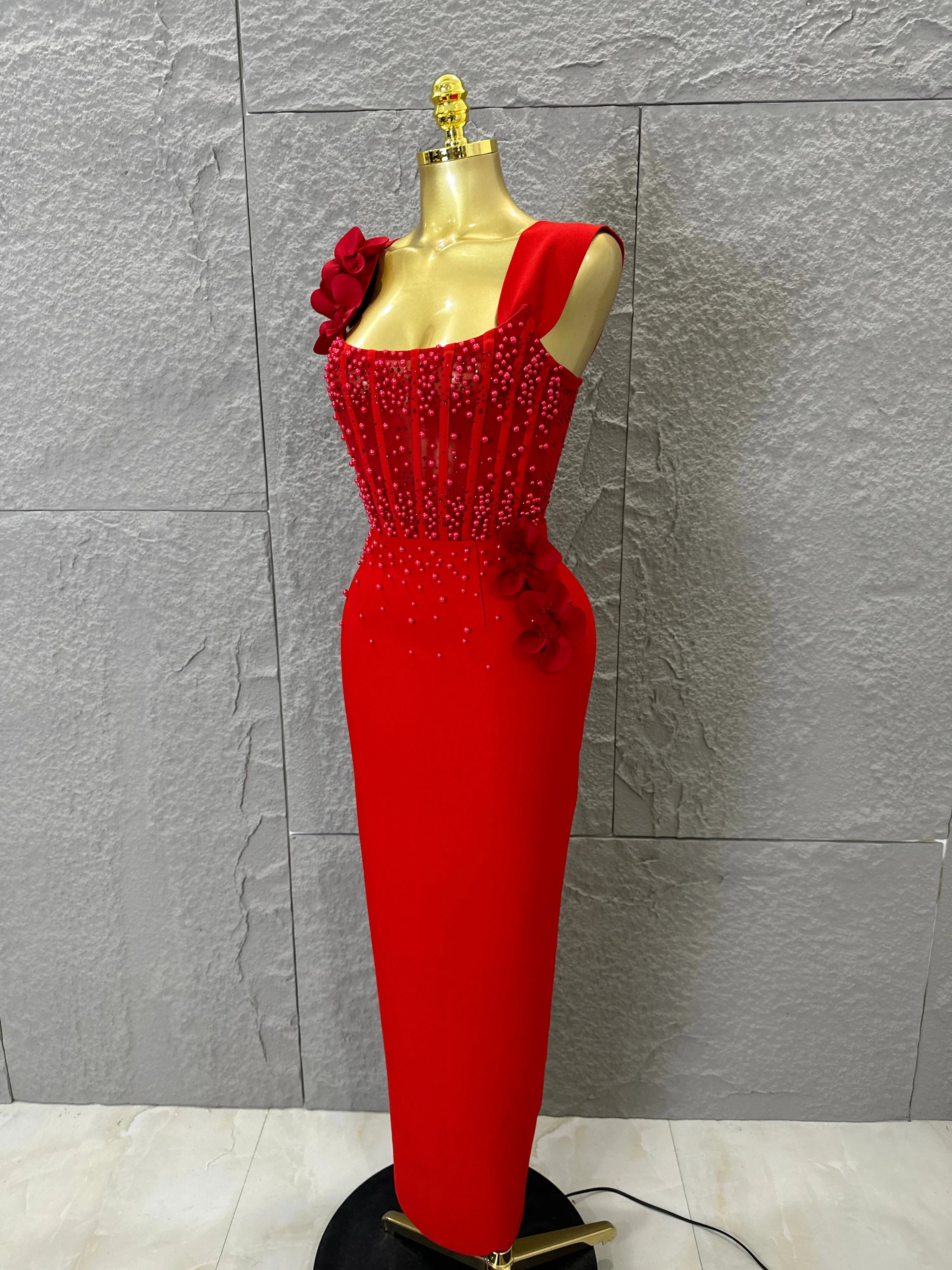 Women Sexy Sheer Mesh Corset Beaded 3D Floral Applique Form-Fitting Outfit Formal Event Party Costum Red Square Neck Maxi Dress
