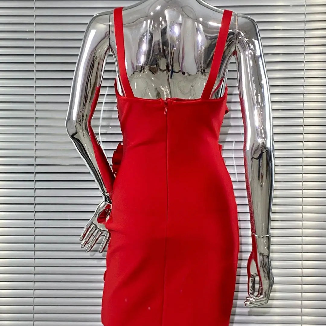 Red Color Women Sleeveless Sexy Strap Florals Bodycon Mini Bandage Dress Nightclub Party Celebrate Outfit Vestido