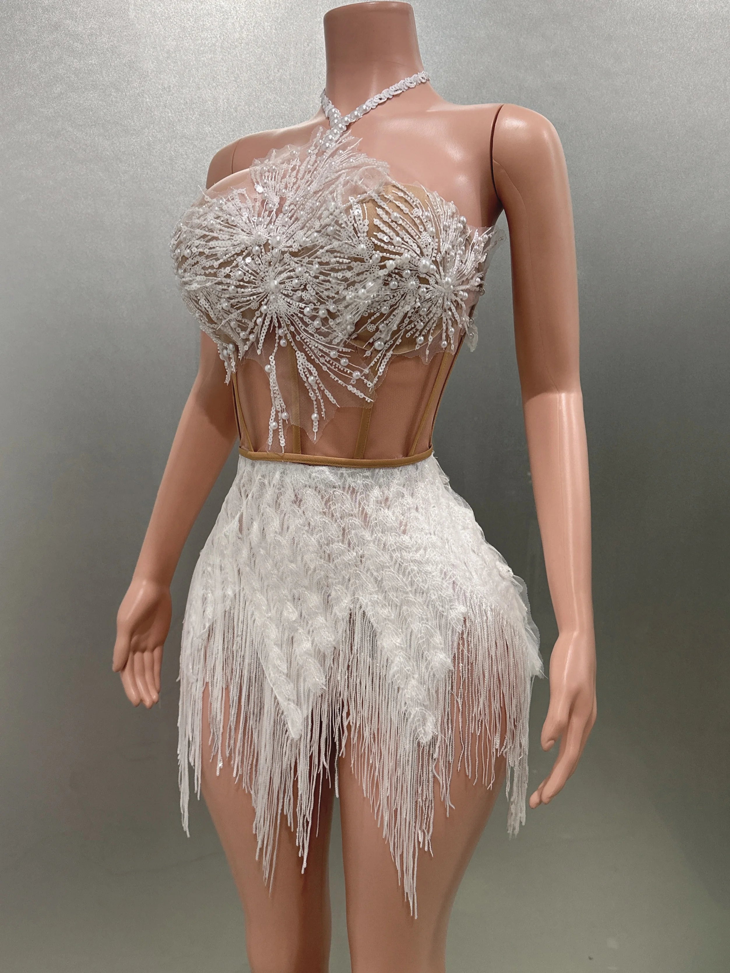 Shinning Sequins Tassels Sexy Halter Off the Shoulder 2 Pieces Bodycon Mini Dress Fashion Nightclub Party Performance Costume
