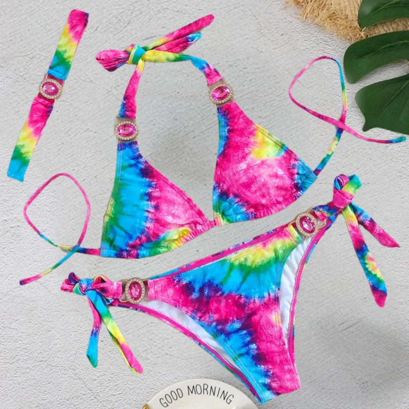 Print Sexy Bikinis Swimsuits With Rhinestones Women's Swimwear Female Push Up Bikini Beach Swim Wear Bathing Suits Pool Bather A23082101B
