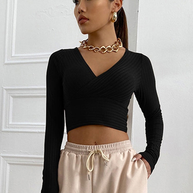Women Casual Solid Long Sleeve Crop T-shirt Fashion V-Collar Bare Midriff Stretch Tops Ribbed Knitted Elastic Slim Skinny Tees Black