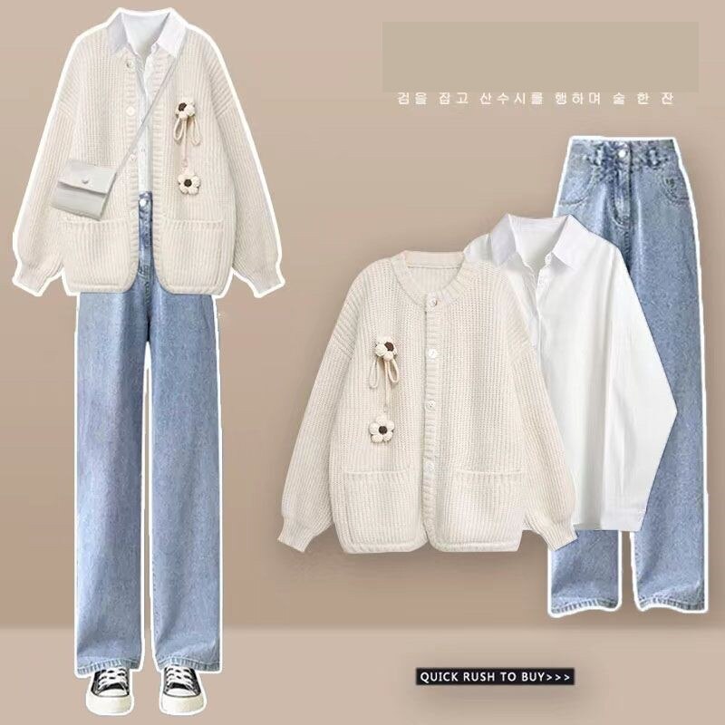 Women's Autumn Winter Loose Sweater Coat+Shirt+Jeans Three Piece 2024 New Matching Set Korean Elegant Cardigan Denim Pants Suit Set 01