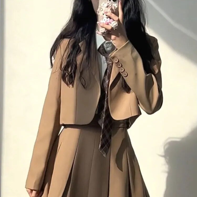 Sets for Women 3 Pieces Autumer Elegant Cardign Suit Coat Shirt Pleated Skirt Sets School Vintage Casual Luxury Korean Fashion Khaki