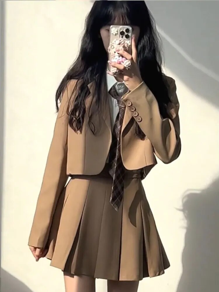 Sets for Women 3 Pieces Autumer Elegant Cardign Suit Coat Shirt Pleated Skirt Sets School Vintage Casual Luxury Korean Fashion Khaki