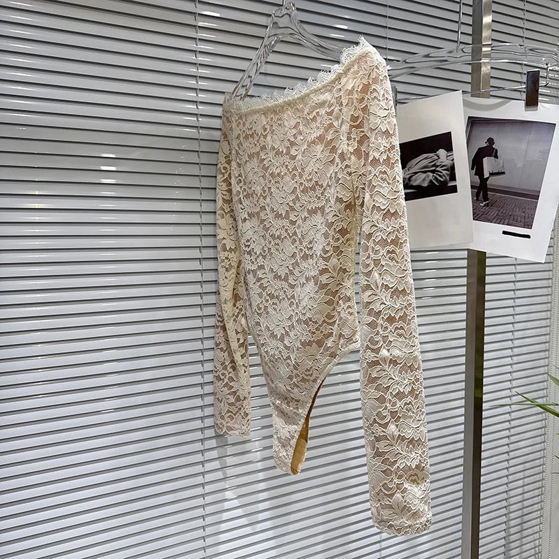 Winter New Fashion Off-Shoulder Lace Base Jumpsuit Top For Women Slim Fit Versatile Solid Color Shirts Female 11A07951