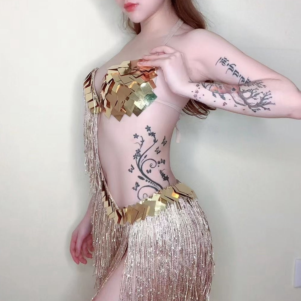 Sparkly Gold Sequins Fringes Dress Women Nightclub Tassel Dance Costume Stage Wear Birthday Outfits Sexy Pole Dance Clothing