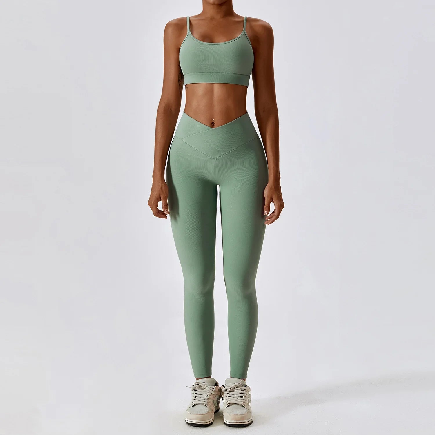 2PCS Seamless Yoga Set Gym Clothes Sportswear Yoga Suits For Women Fitness Rib Tracksuits Sports Bra Gym Leggings Sports Suits Basil Green Set-2